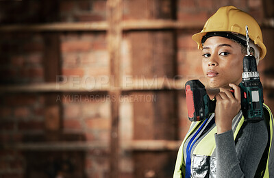 Buy stock photo Woman, construction worker or drill tool in property, house or home construction site or innovation, ideas or vision. Portrait, building engineering or electric tool worker in real estate maintenance
