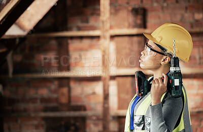 Buy stock photo Woman, electric drill and engineer construction worker in building for wall renovation. Industry professional contractor, engineer and female handyman working with power tools on construction site