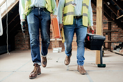 Buy stock photo Construction, team and legs of engineers walking on the building site for home renovation project. People, construction worker teamwork and feet of men walking in industrial building for maintenance 