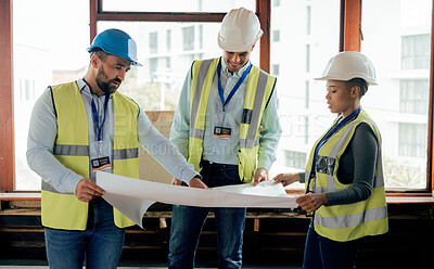 Buy stock photo Blueprint, planning and construction worker, architect and engineer with paper, strategy and teamwork for building design. Architecture team talking, maintenance and strategy for development project