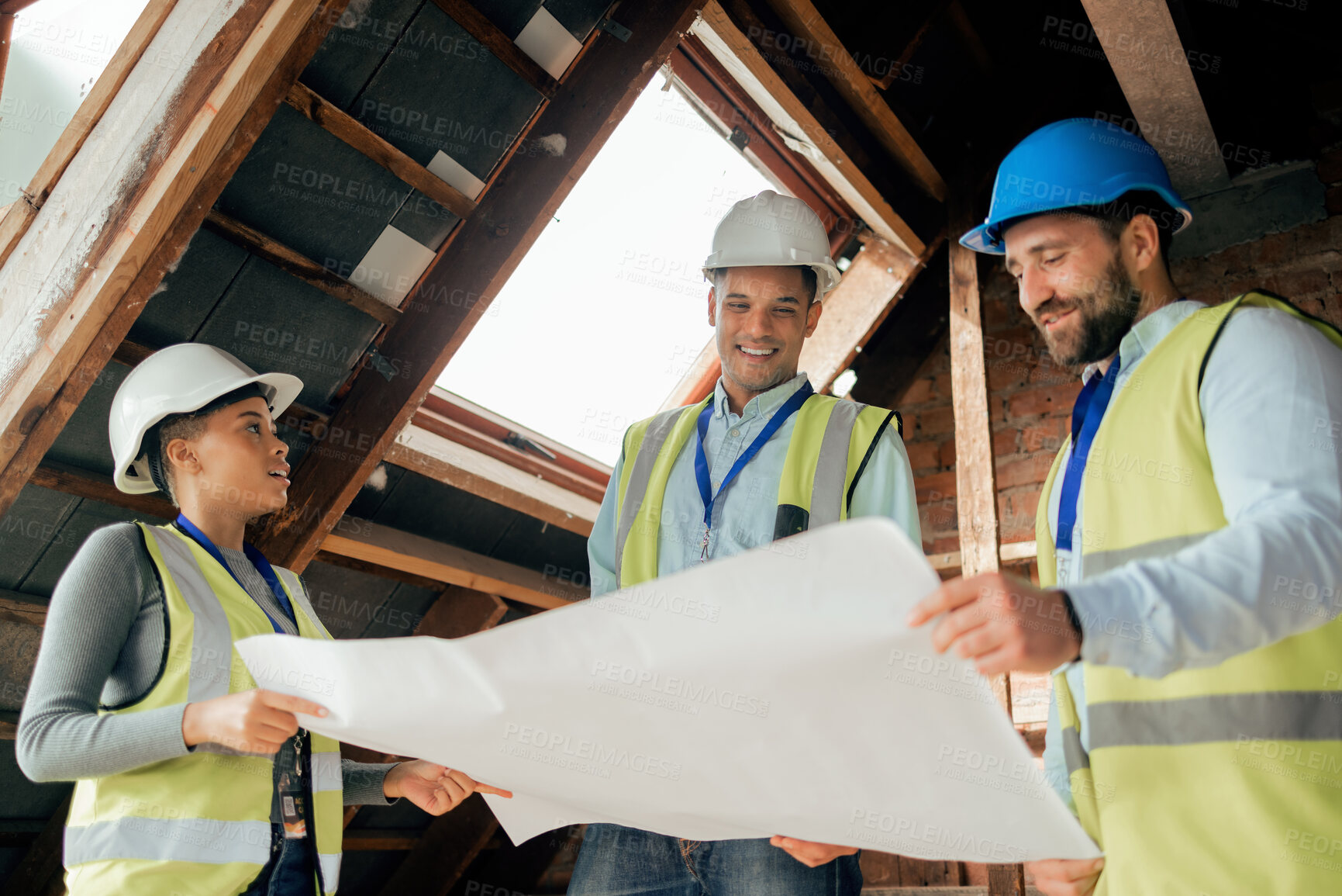 Buy stock photo Teamwork, planning and construction workers with blueprint in building looking at engineering design, floorplan and illustration. Diversity, collaboration and engineers working at construction site