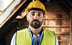 Man face, architect or construction worker, engineer at work site and business, building trade industry portrait. Mature person, safety helmet and professional, engineering and construction job