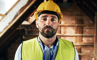 Buy stock photo Man face, architect or construction worker, engineer at work site and business, building trade industry portrait. Mature person, safety helmet and professional, engineering and construction job