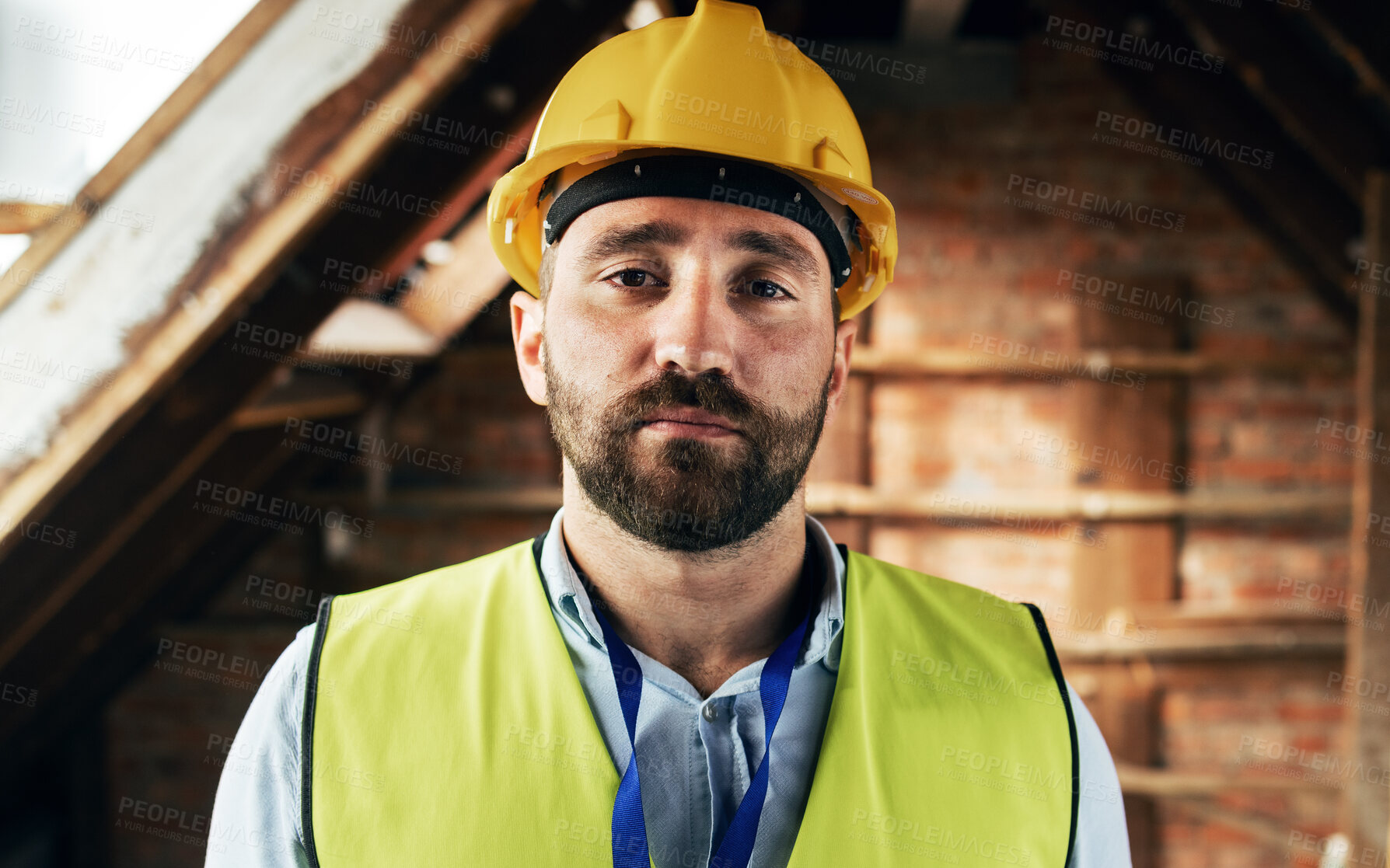 Buy stock photo Man face, architect or construction worker, engineer at work site and business, building trade industry portrait. Mature person, safety helmet and professional, engineering and construction job