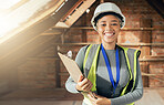 Engineering, checklist and electrician in house basement for inspection, maintenance or electrical services. Technician, smile and happy woman checking pipes for safety or security in home renovation