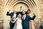 Wedding, couple and family in marriage celebration for commitment, trust or support for relationship. Portrait of excited married bride and groom with happy parents celebrating in joy together