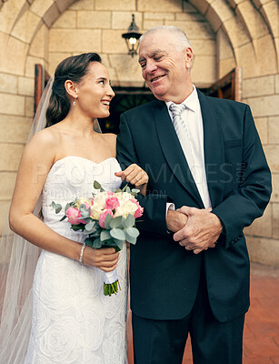 Buy stock photo Wedding, love and father of the bride feeling happy, pride and support of family for event, celebration and marriage while together. Woman in bridal wear with senior man for tradition in a building