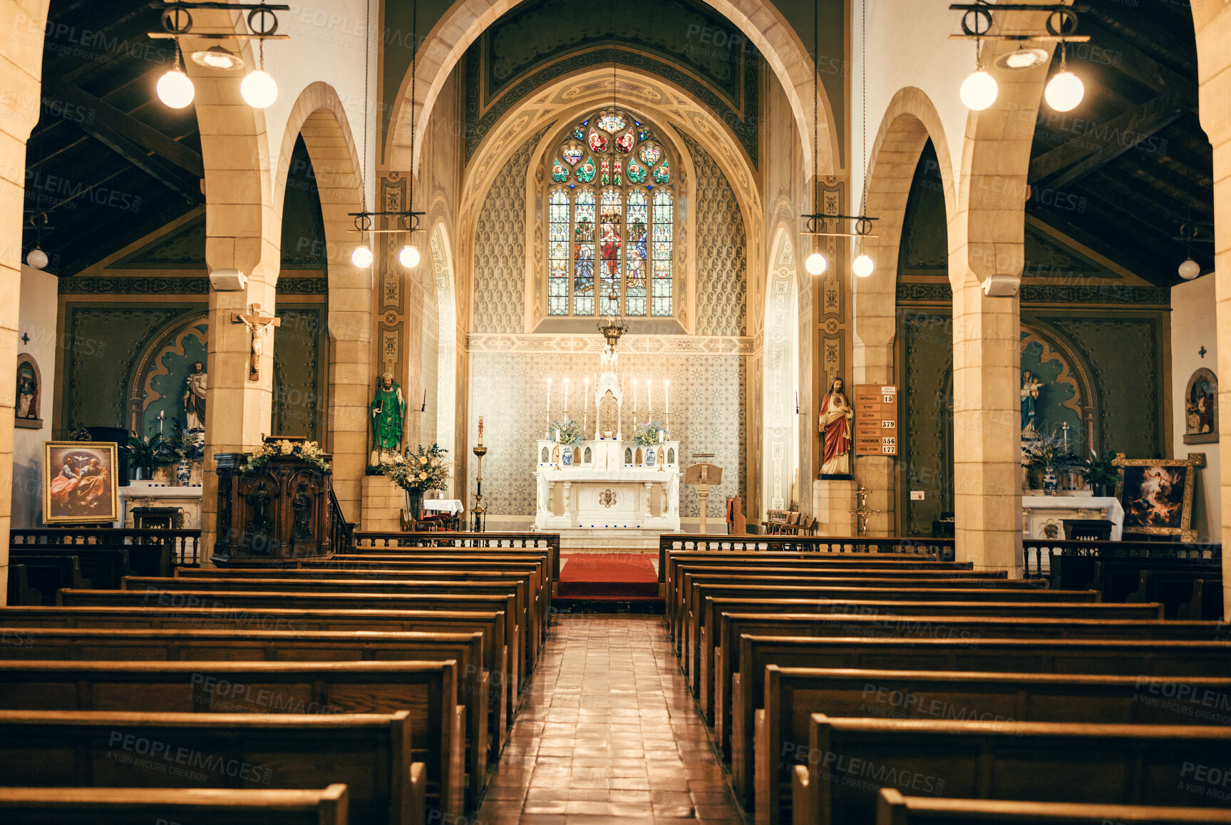 Buy stock photo Church, interior and worship building for religion or religious catholic faith. Medieval spiritual architecture, christianity and italian cathedral monument in Europe for holy weddings or baptism 