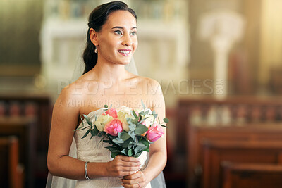 Buy stock photo Happy bride, wedding flower bouqet and woman in marriage dress to marry for commitment, love and happiness. Bridal beauty, modern fashion and woman in a catholic church for celebration event ceremony