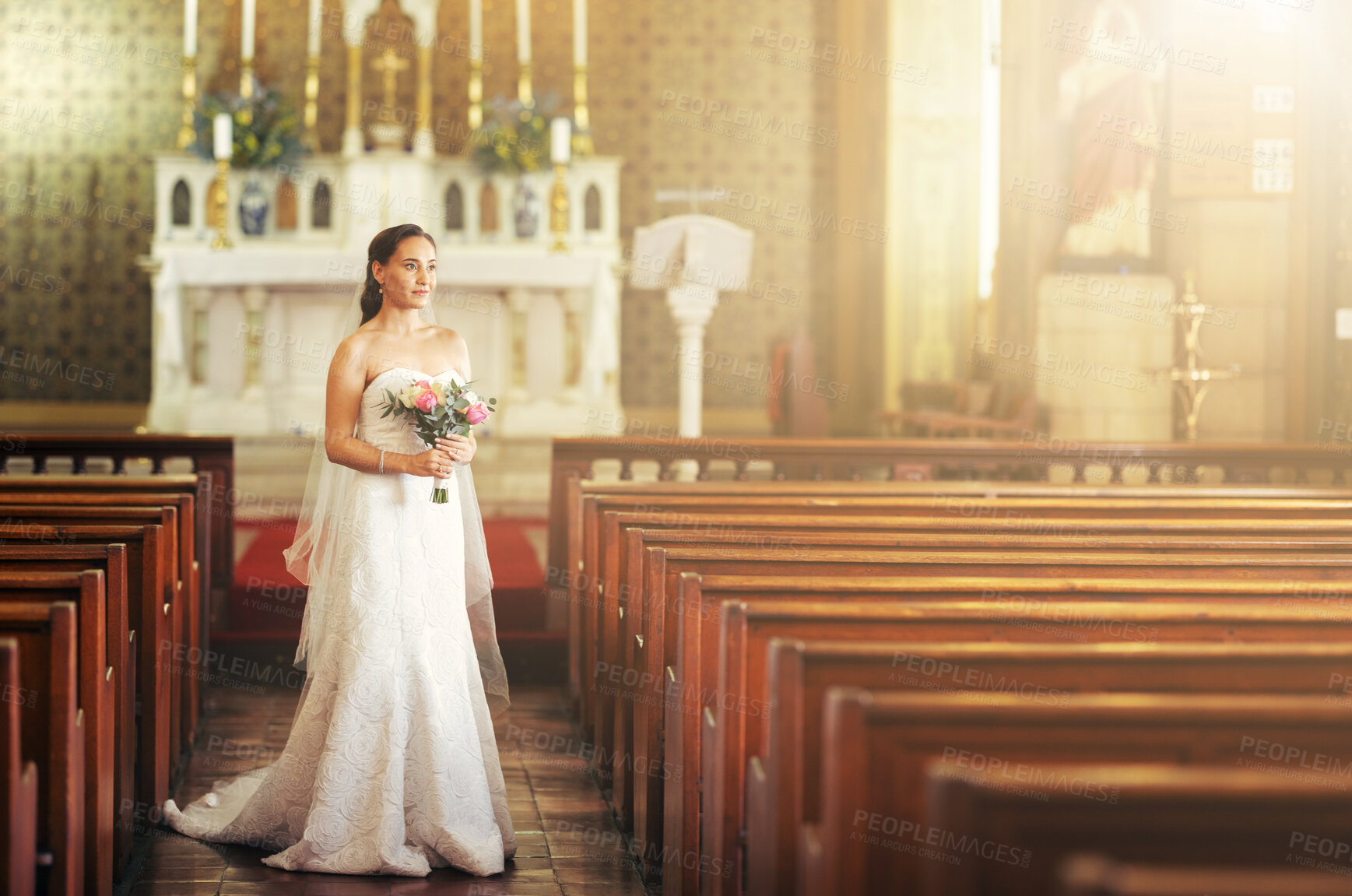 Buy stock photo Wedding, bride and church with a woman holding flower bouquet while thinking about marriage, future and dream before walking down the aisle. Model in a white wedding dress for commitment and ceremony