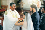 Happy priest, wedding and couple in church for ceremony, service or celebration with bible, witness and God. Father, bride and man with spiritual book for love, vows and marriage in christian event