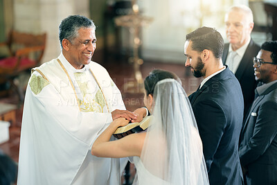 Buy stock photo Happy priest, wedding and couple in church for ceremony, service or celebration with bible, witness and God. Father, bride and man with spiritual book for love, vows and marriage in christian event