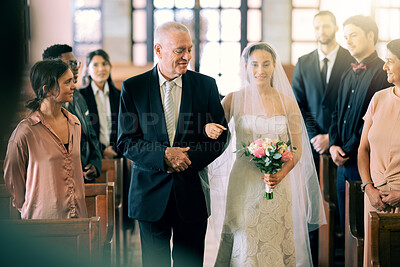 Buy stock photo Love, wedding and church bride with father walking in aisle for ceremony with friends, family and parents. Happy, daughter and dad at Christian marriage, commitment and celebration with smile.