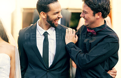 Buy stock photo Wedding, groom and friends with a best man and male on a marriage day for a celebration event. Happy, laugh and tradition with a bridegroom and groomsman celebrating him getting married at a church