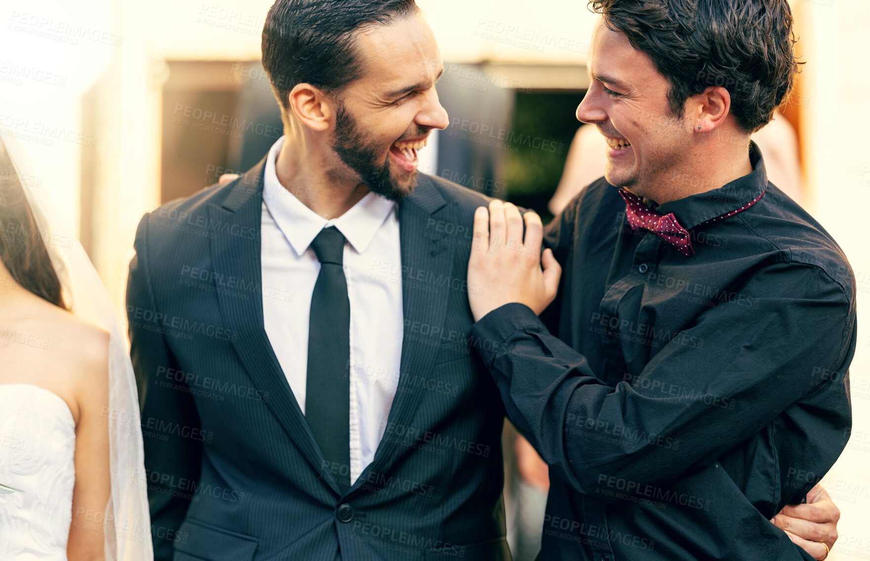 Buy stock photo Wedding, groom and friends with a best man and male on a marriage day for a celebration event. Happy, laugh and tradition with a bridegroom and groomsman celebrating him getting married at a church