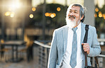 Businessman, thinking and vision or idea in the city for career ambition, success or mission in the outdoors. Elderly man in thought for business opportunity while walking in a urban town outside