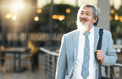 Buy stock photo Businessman, thinking and vision or idea in the city for career ambition, success or mission in the outdoors. Elderly man in thought for business opportunity while walking in a urban town outside