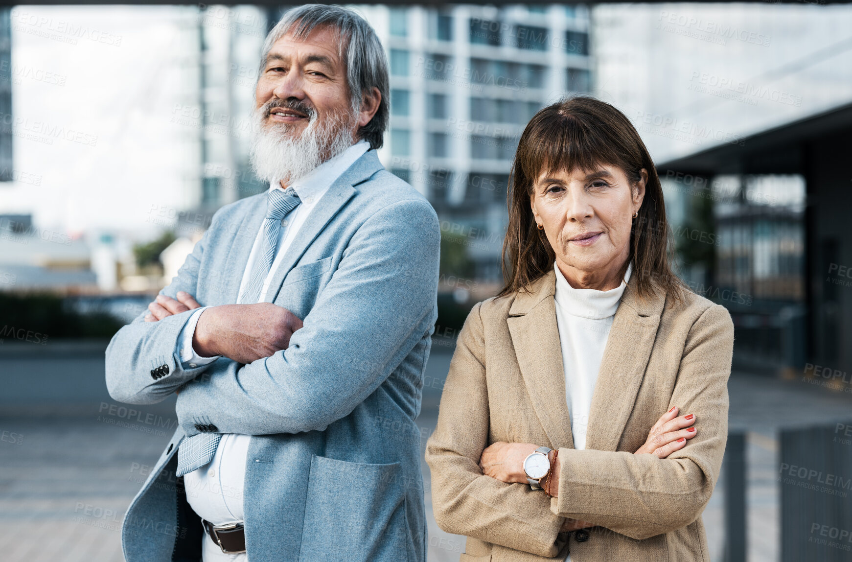 Buy stock photo City portrait of diversity business team with crossed arms, confidence and pride in senior corporate job. Teamwork, collaboration and property developer partnership of realtor woman and Asian man