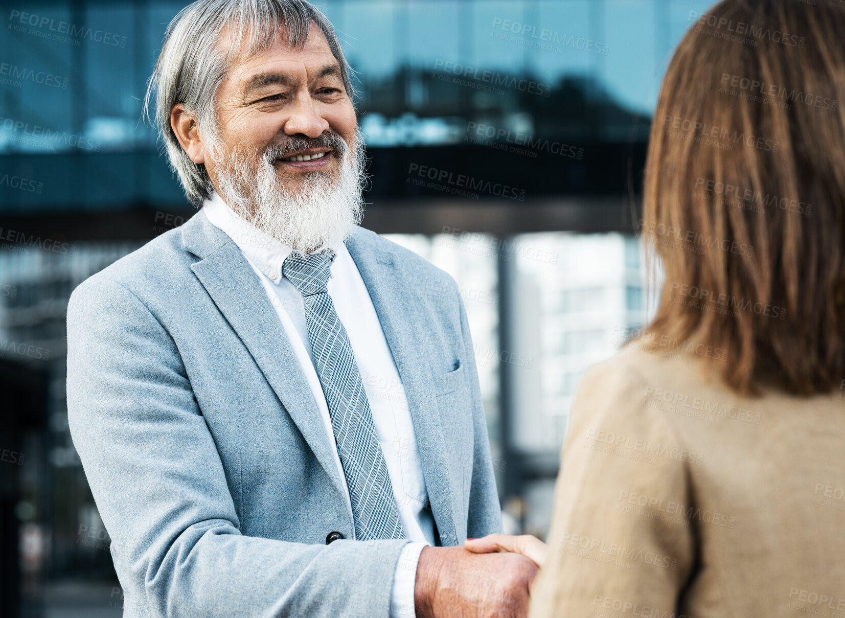 Buy stock photo Meeting, handshake and partnership with asian businessman for global collaboration, b2b or deal. International, contract and thank you with ceo shaking hands for agreement, support and union