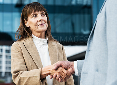 Buy stock photo Woman, corporate handshake and smile in the city for business deal, proposal or agreement in the outdoors. Female shaking hands for greeting, b2b or partnership for teamwork or company success