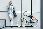 Bicycle, phone call and business man in city for communication, networking and carbon footprint travel marketing update with smile. Happy, healthy senior corporate manager coffee, bike and cellphone 