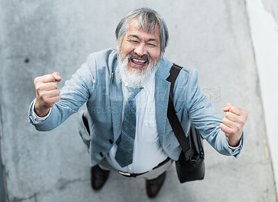 Buy stock photo Elderly asian business man, celebrate retirement in outdoor building or reach financial investment goal in Seoul. Loan payment completed by senior person, bonus profit from pension or winner success