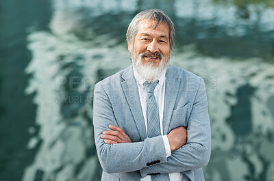 Buy stock photo Happy, corporate and businessman in the city with arms crossed for management, ceo and manager in Colombia. Success, trust and portrait of a mature worker and boss with pride and smile in a suit