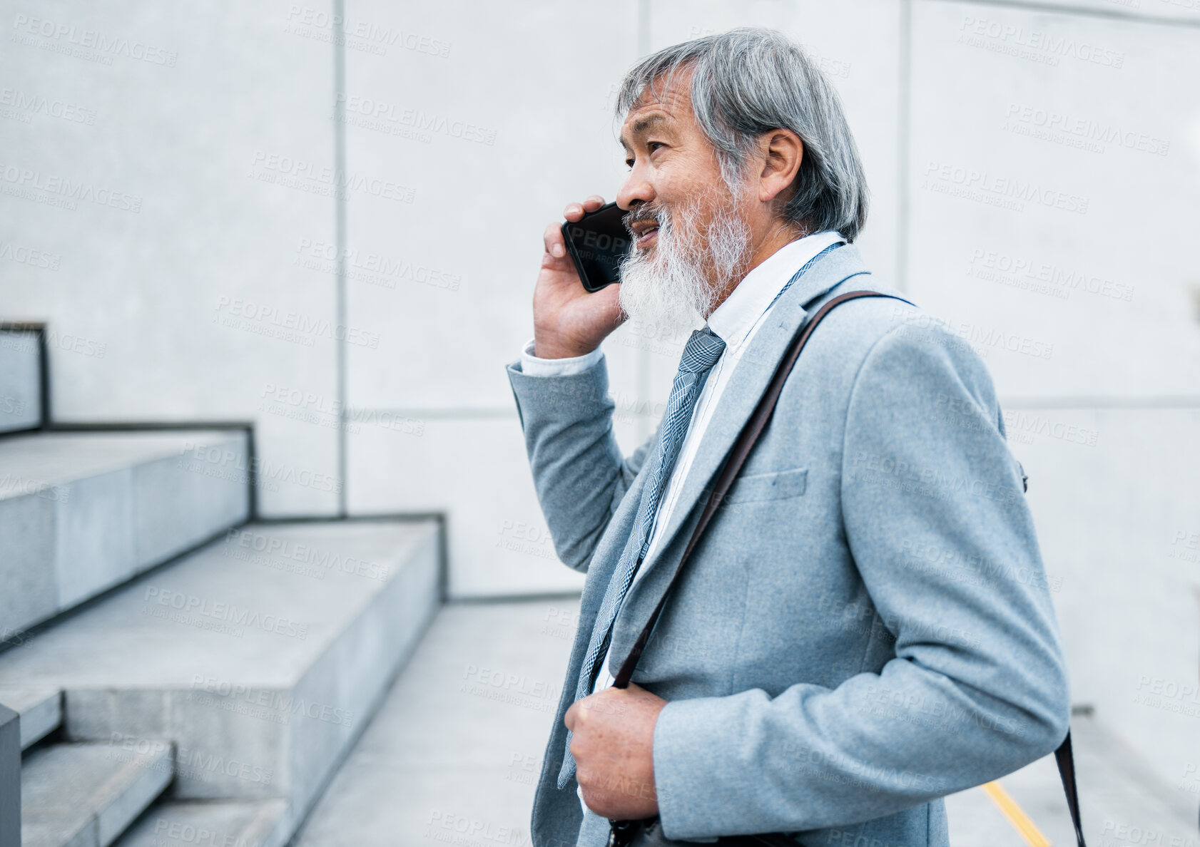 Buy stock photo Asian man, business leader and phone call for marketing planning, conversation and communication to connect. Leadership, male entrepreneur and smartphone for discussion, talking or marketing strategy