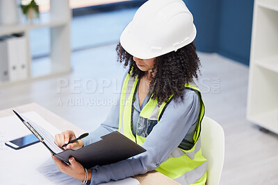 Buy stock photo Document, writing and construction worker or engineer black woman paperwork, insurance checklist and logistics management in office. Builder, contractor or architect project planning site development