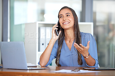 Buy stock photo Business woman, laptop and phone call for conversation, discussion and marketing strategy in office at desk. Leader, female entrepreneur and digital devices for planning, communication and smile.