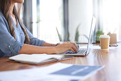 Buy stock photo Woman at work, typing on laptop and writing business report for financial audit in accounting firm, finance department or advertising company. Email communication,  office worker and company employee