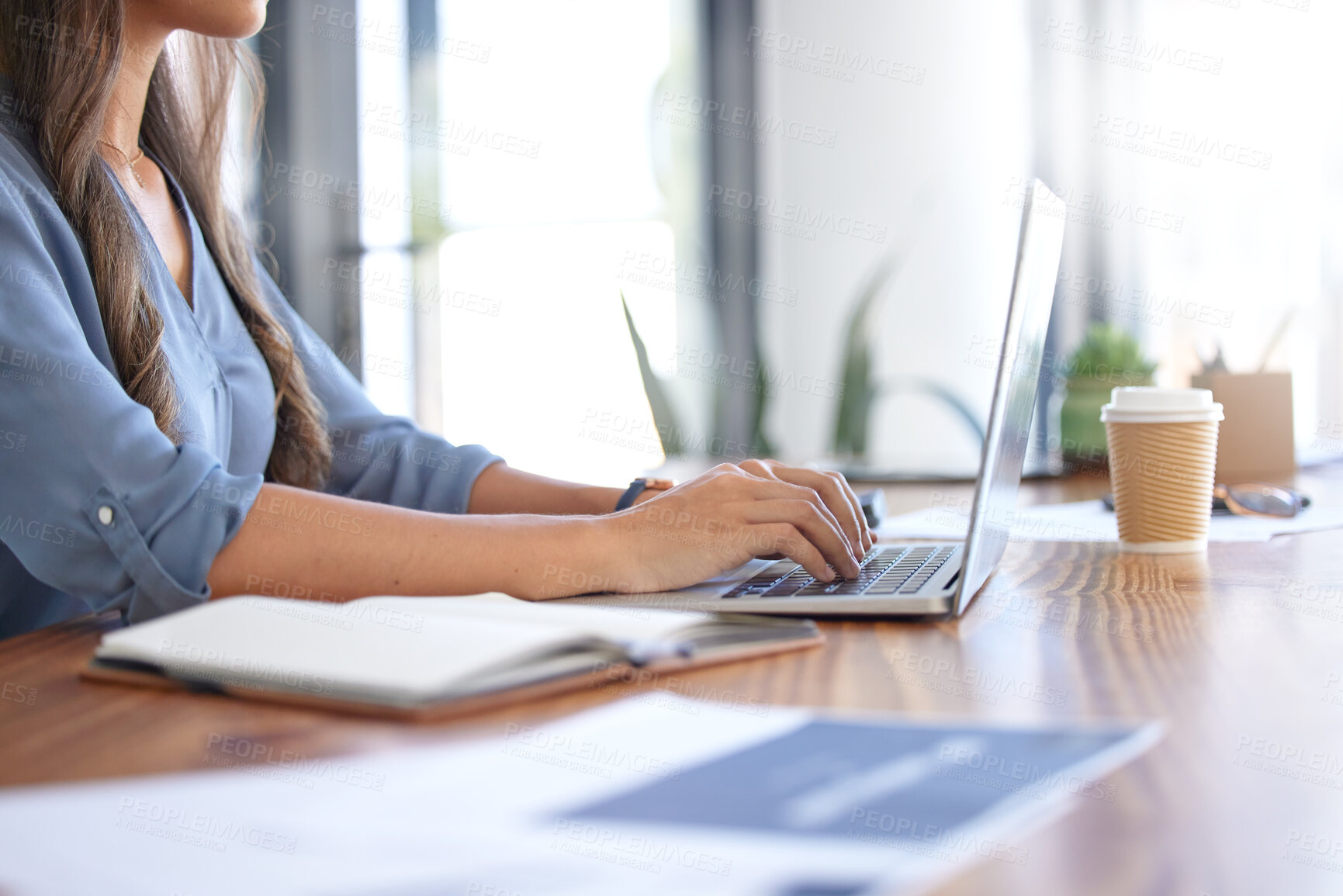 Buy stock photo Woman at work, typing on laptop and writing business report for financial audit in accounting firm, finance department or advertising company. Email communication,  office worker and company employee