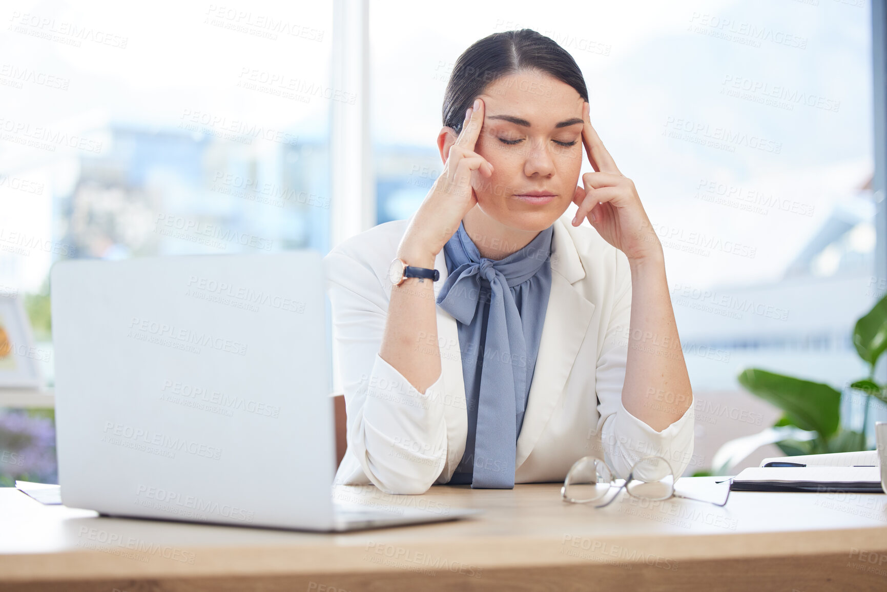 Buy stock photo Stress, headache or anxiety for business woman in laptop glitch, 404 hack or digital data breach in creative office. Mental health, burnout or pressure from mistake on technology in marketing company