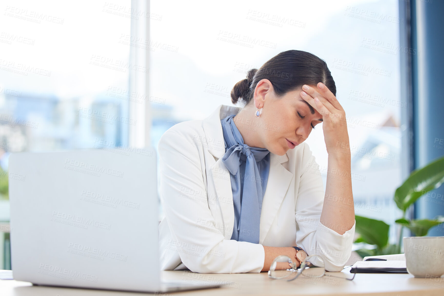 Buy stock photo Burnout, stress and business woman at laptop and tired with headache from eye strain, overworked and compliance. Mental health, exhausted and anxiety with employee at desk with pain, fatigue and fail