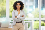 Portrait, black woman and leader with arms crossed, pride for startup company or confident in office. Leadership, female entrepreneur or manager for marketing brand, advertising business or empowered