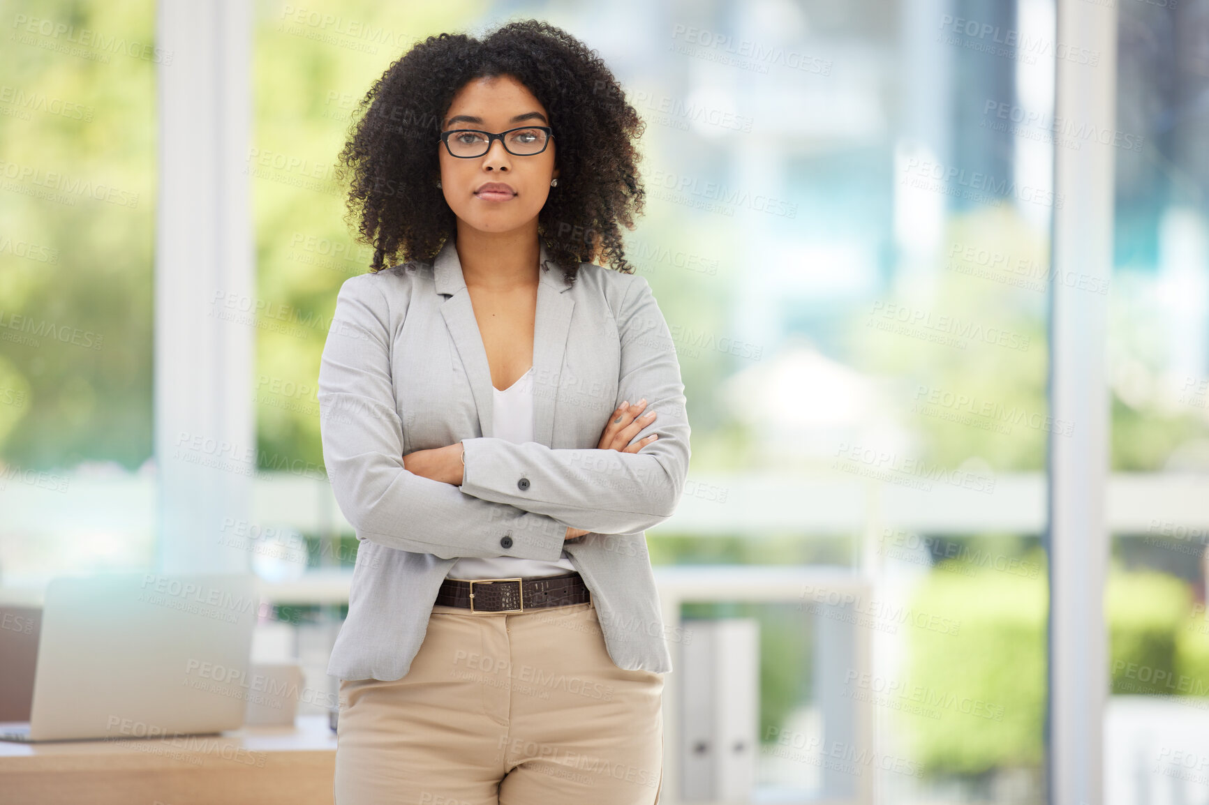 Buy stock photo Portrait, black woman and leader with arms crossed, pride for startup company or confident in office. Leadership, female entrepreneur or manager for marketing brand, advertising business or empowered