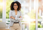 Arms crossed, management and portrait of business woman in office for leadership, vision and pride. Goals, smile and manager with black woman at desk working on executive, lifestyle and startup