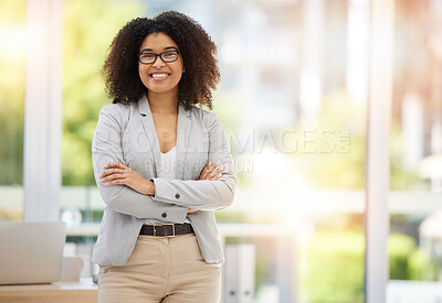 Buy stock photo Arms crossed, management and portrait of business woman in office for leadership, vision and pride. Goals, smile and manager with black woman at desk working on executive, lifestyle and startup