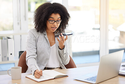 Buy stock photo Communication, speaker phone call and woman with notebook writing calendar schedule, planning or talking on chat. Personal assistant, event planner or black girl taking voice note, or voice recording