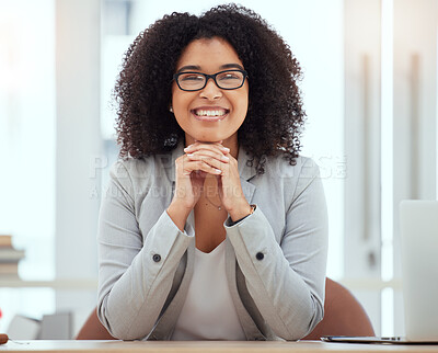 Buy stock photo Corporate woman, office desk and happy smile for small business owner success. Young african girl, receptionist and front desk consultant manager or portrait for happiness in professional workplace