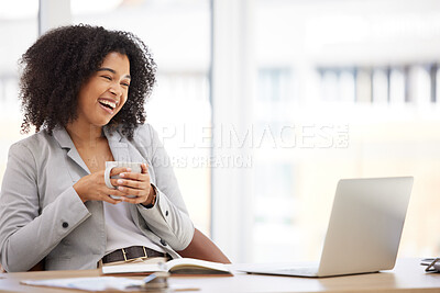 Buy stock photo Black woman, business leader and laptop for video call, coffee and conversation for planning, online meeting or happy at desk. Leadership, digital device and hot beverage with smile, pride or talking