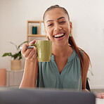 Coffee, happy and woman on a video call with a laptop for business, reading email and working in a house. Internet, communication and remote girl entrepreneur with a smile and tea with a pc for job