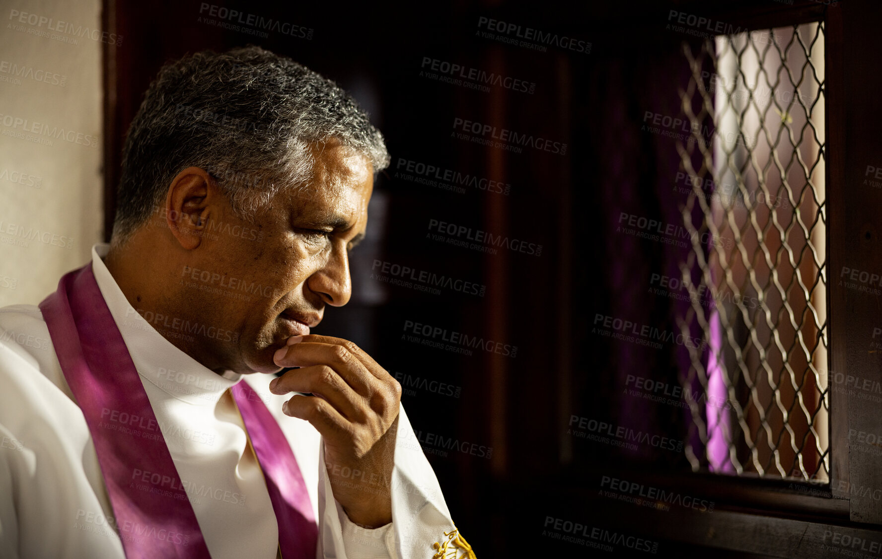 Buy stock photo Confession, church and priest in a booth listening to confessing of sin, mistakes or problems. Religion, christian and senior pastor in Mexico doing catholic tradition for forgiveness in a cathedral.