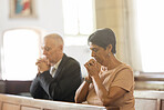 Senior couple, christian and pray in church, religion and spiritual for help, respect and thank you to God in service. Elderly man and woman in prayer, praying and faith in chapel, service and trust