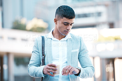 Buy stock photo Watch, time and business man walking in city street running late for work, job opportunity or interview career with suit and coffee. Corporate employee outdoor with clock, schedule or time management