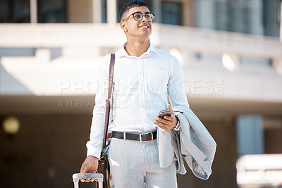 Buy stock photo Business man, suitcase and travel for work while thinking, opportunity and connect outdoor. Leadership vision, confident and business trip to destination, commute or smile while on journey with phone
