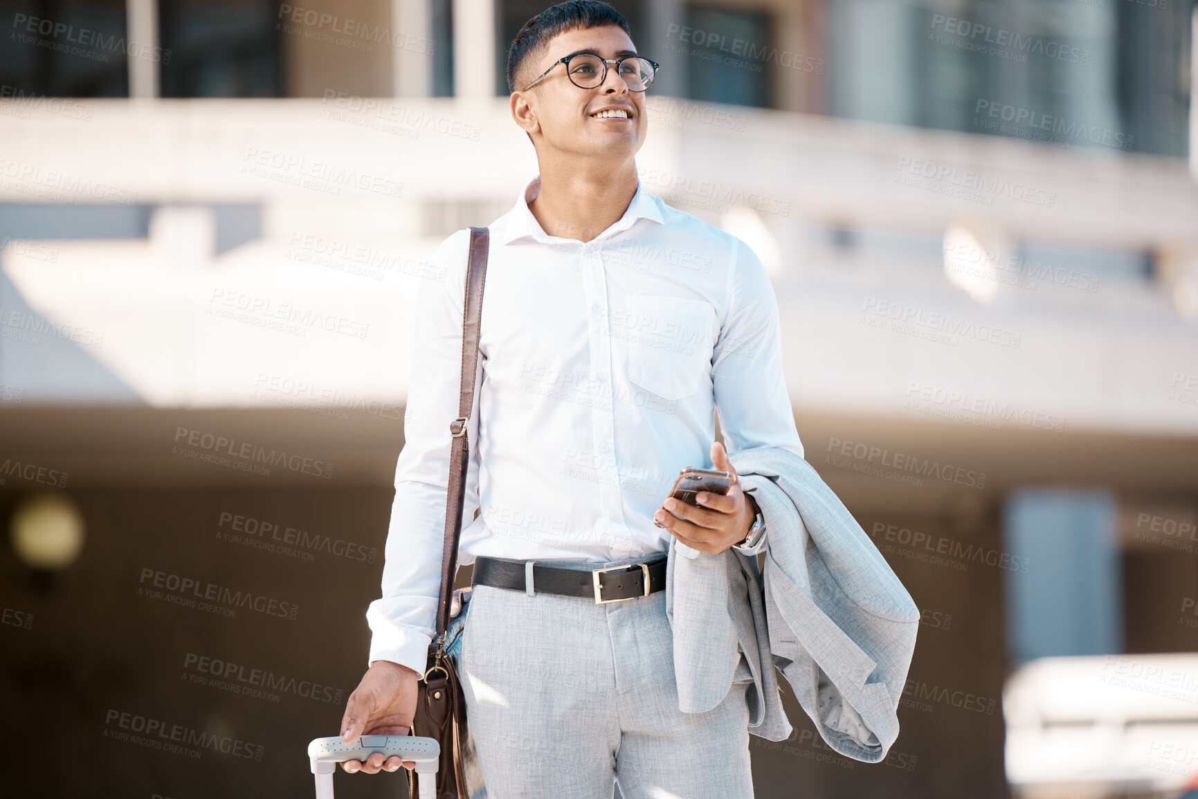 Buy stock photo Business man, suitcase and travel for work while thinking, opportunity and connect outdoor. Leadership vision, confident and business trip to destination, commute or smile while on journey with phone