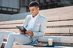 Tablet, stairs and business man on coffee break reading news, corporate email or give feedback on social media app. Breakfast croissant, lunch time or relax trading expert review stock market data