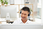 Call center, customer support and agent consulting online with a crm strategy on computer in office. Customer service, contact us and telemarketing consultant working on ecommerce sales in workplace.