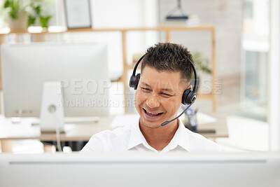 Buy stock photo Call center, customer support and agent consulting online with a crm strategy on computer in office. Customer service, contact us and telemarketing consultant working on ecommerce sales in workplace.